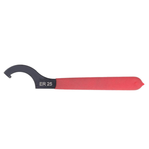 Heavy Duty Er25 Collet Chuck Holder With M12 Screw For Cnc Milling Machine, ER25 wrench with red handle for tool adjustment.