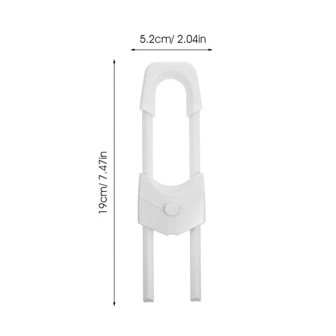 6 Piece White Childproof Cabinet Locks For Babies Easy Install No Drill Plastic Safety Locks shown with dimensions