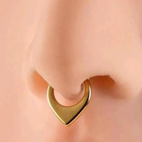 Thick V Shaped Hinged Segment Clicker Ring in 16G 316L Stainless Steel Gold Tone Durable Piercing Jewelry For A Bold Killer Look Choose 8mm Or 10mm Diameter shown in nose piercing view