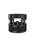 Game Changing 58mm Espresso Portafilter Station Keeps Your Gear Locked In Place During Tamping from a front angle, sturdy black metal design.