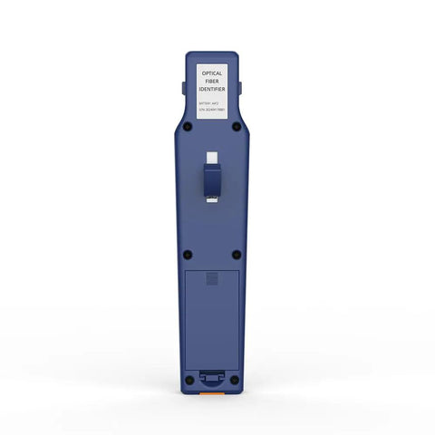 Rear view of All-In-One Fiber Identifier And VFL Tester For FTTH, blue handheld device with optical fiber identifier label.