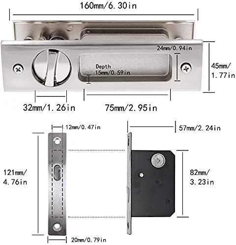 6.3 Inch Silver Invisible Recessed Handle Latch with Keys for Interior Pocket Door Lock and Sliding Barn Door Lock with dimensions