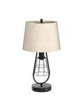 Industrial Touch Table Lamps With USB Port, 3-Way Dimming, Farmhouse Bedside Lights, cream fabric shade, black metal base, front view.