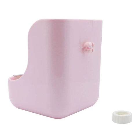 Super Cool Pink Two In One Rabbit Hay Feeder With Automatic Guinea Pig Food Bowl And Quick Release Grass Rack Zero Worries Setup side view of pink pet feeder.