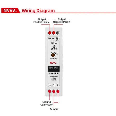 24V 1A DIN Rail AC To DC Power Supply wiring diagram, 24W, Compact 1.5 Inch Module, showing input and output connections.