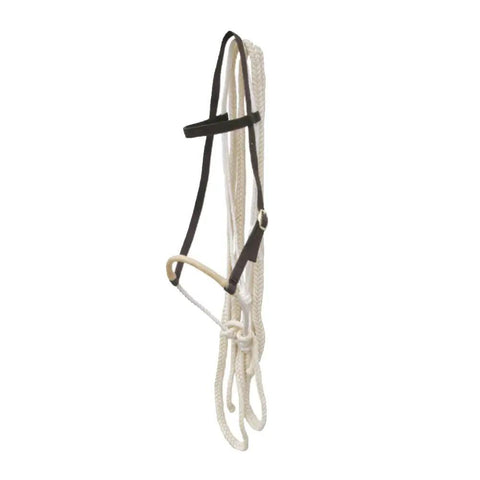 Breaking Hackamore Bitless Horse Bridle For Training with 7/16 rope noseband and 3/4 headstall hanging vertically.