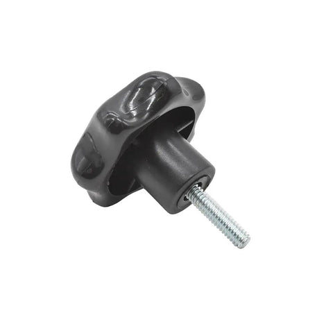 Close-up of a black 7 Star Knob Stud 1/4-20, Five Pack For Featherboards And Jigs with threaded metal stud exposed.