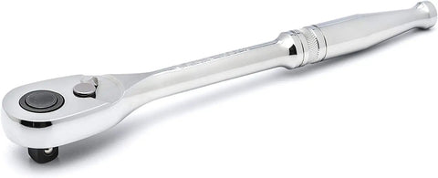 Chrome ratchet handle from 56 Piece One Half Inch Drive SAE And Metric Socket Set With Ratchet Flex Handle Two Extension Bars Universal Joint And Standard And Deep Sockets 72 Tooth Quick Release For Tight Spaces Pro Grade Workhorse.