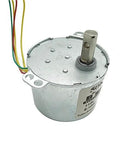 Front view of Bringsmart gear motor with round metal housing, central shaft, mounting tab, and multi-color wires.