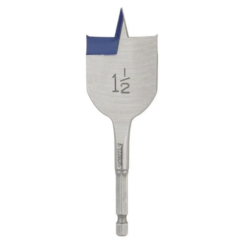 Speedbor Spade Wood Drill Bit 1-1/2 Inch By 4 Inch For Impact Drivers With 1/4 Inch Shank Parabolic Scoop And Blue Groove And Chamfered Edges