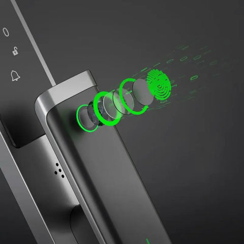 Straight Up Reliable Smart Door Lock With Fingerprint Authentication showing biometric scanner with green fingerprint signal.