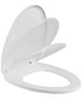 Top Notch Molded Wood Elongated Toilet Seat With Smooth Slow Close Quiet Shut And Thick Mounting Hardware Featuring Rubber Bumper Pads For Zero Slam Nighttime Chill In Dresden Blue, open view.