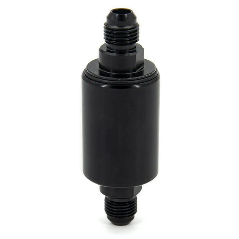 Heavy Duty An6 Billet Inline Fuel Filter With Removable Replaceable Canister Black Anodized Aluminum Housing side view