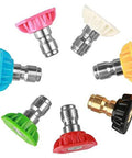 Eight 1/4-inch quick-connect pressure washer nozzle tips in assorted colors with metal connectors.