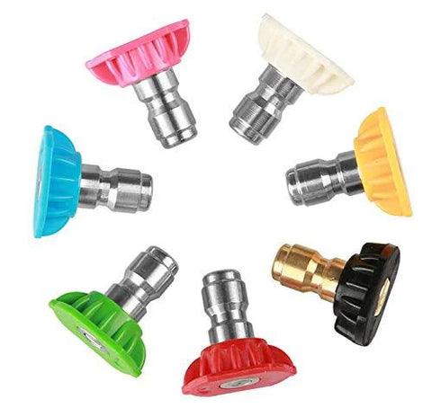 Eight 1/4-inch quick-connect pressure washer nozzle tips in assorted colors with metal connectors.