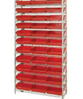 Heavy Duty Chrome Wire Shelving Units With 33 Snap Bins Adjustable Garage Storage Rack with red bins for organized storage.