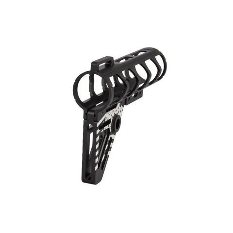 Patriot Fixed Stock For Airsoft, Lightweight Skeletonized Design In Black With White US Flag Pattern, side angle view