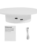Motorized Rotating Display Stand with USB port, instruction manual, and cable. 5.9 inch diameter white platform for collectibles.