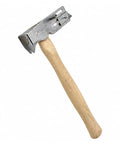 No Sweat One Hand Nail Setup Game Changing Magnetic Face Roofing Hatchet With Solid Forged Steel Head And Handy Utility Blade, side angle view.