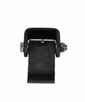 Eight Pack Heavy Duty Steel Dump Trailer Hinges With Weld On Short Leaf Strap Setup And Greaseable Pivot Pin For A Rock Solid Black Finish. Heavy-duty steel hinge with visible bolts.