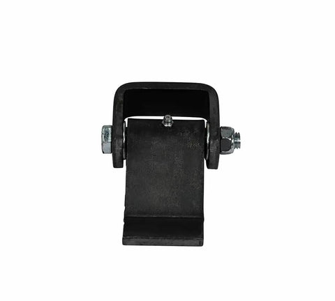 Eight Pack Heavy Duty Steel Dump Trailer Hinges With Weld On Short Leaf Strap Setup And Greaseable Pivot Pin For A Rock Solid Black Finish. Heavy-duty steel hinge with visible bolts.