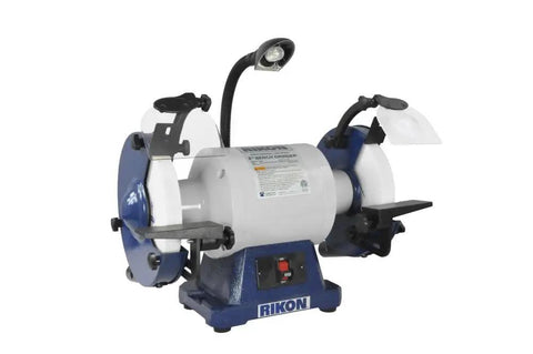 Shop Ready 8 Inch Bench Grinder Packing Beefy Torque From A 1 Hp Motor Running At 1725 Rpm With A Solid As Rock Cast Iron Base And Built In LED Magnifying Eye Shield For Your Garage Rig.