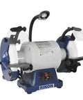 Shop Ready 8 Inch Bench Grinder Packing Beefy Torque From A 1 Hp Motor Running At 1725 Rpm With A Solid As Rock Cast Iron Base And Built In LED Magnifying Eye Shield For Your Garage Rig.