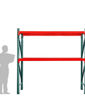 Heavy Duty 2 Tier Pallet Rack Starter Frame 48X96X96 Steel Warehouse Storage Rig featuring red beams and green uprights.