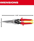 Heavy Duty Long Cut Aviation Snips With Rock Solid Chrome Blades Bolt Lock Tech And Comfy Cushion Grips For Smooth Shear Cuttin No Sweats Sheet Metal Work Jobsite Ready Gear Featuring Safe One Hand Lock And Bright Painted Handles, measuring 11.63 inches by 3.13 inches.