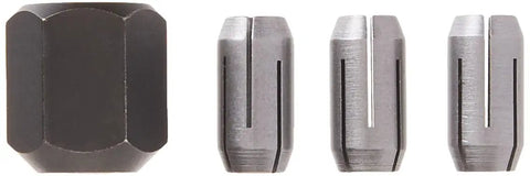 Replacement Collet And Nut Kit For Spiral Saws And Drywall Routers Keeps Your Tool Running Smooth With One Eighth Inch Five Thirty Second Inch And One Quarter Inch Collets And Nut Fits All Spiral Saw Tools, showing nut and 3 collets.