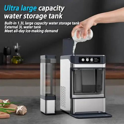 Portable Stainless Steel Countertop Ice Machine Makes Soft Nugget Ice Fast Self Cleaning One Touch Operation Party Ready with large water tank.