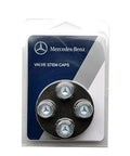 Mercedes Benz Genuine Q 6 40 8131 Valve Stem Caps Blue Laurel Wreath in packaging, durable metal, weatherproof, snap-on fit.