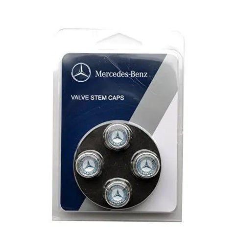 Mercedes Benz Genuine Q 6 40 8131 Valve Stem Caps Blue Laurel Wreath in packaging, durable metal, weatherproof, snap-on fit.