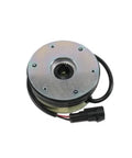 Front view of round metal electromagnetic brake for forklift with central splined bore and wiring connector.