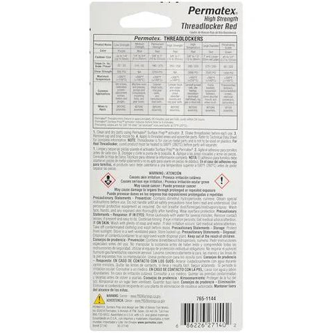 Back view of Permatex 27140 High Strength Threadlocker Red, 36 ml packaging showing product name and usage table.