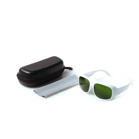 Top-Shelf Laser Protective Glasses Delivering Killer 200-1400nm Beam Blocking Coverage With 10% Light Transmission for Crystal Clear Vision During IPL Work and Heavy-Duty Photonic Optics Eyewear You Can Rely On with black case and cleaning cloth.