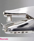 Close-up of one hole punch for office use, 5 sheet capacity, nickel plated hand punch in slick silver finish, compact desk accessory.