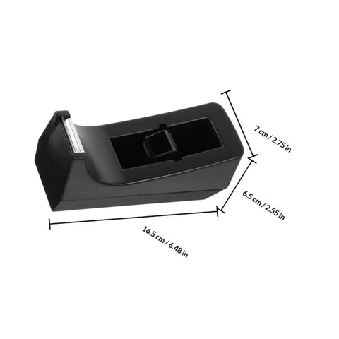 Black tape dispenser from the Six Station Blue Desktop Tape Dispenser Set With Six Premium Adhesive Rolls for packing.