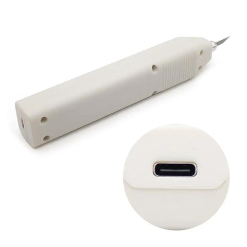 Handheld 35 Khz Ultrasonic Cutting Knife For 3D Resin And PLA Models And Parts With 5 Spare Blades, close-up of handle and charging port.