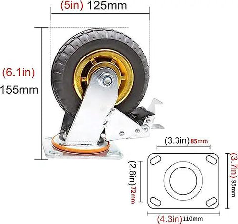 Heavy Duty Rubber Swivel Casters Set Of 4 With Wheel Brakes built legit for furniture and carts, showing dimensions and rubber tire.