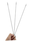 Five Piece Long Sewing Needle Threader Kit with stainless steel hook and latch, shown extended and held by a hand for threading use