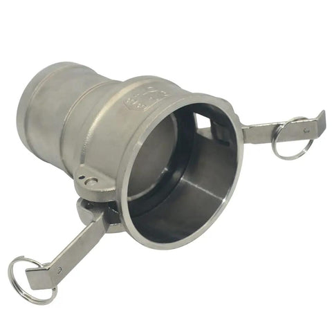 316 Stainless Steel Hose Barb Fitting 3 Inch Camlock Trash Pump Adapter Female For Industrial Pumps, Beefy Camlock Groove Connector, Heavy Duty Stainless Hardware, Temperature Range From Minus 150 Fahrenheit To 500 Fahrenheit, 250 PSI Max., angled view