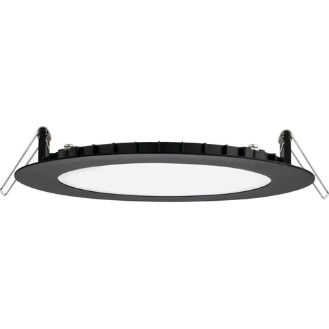 Side view of 6-Inch Round LED Recessed Downlight Wafer With 5-In-1 Switchable Color Temperature, 120V, Ultra-Thin Flat Trim, Matte Black Finish