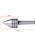 2MT heavy-duty live tailstock center with tapered nose for woodturning; metal silver.