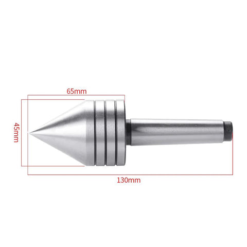 2MT heavy-duty live tailstock center with tapered nose for woodturning; metal silver.