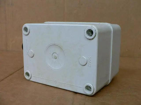 White plastic industrial control panel enclosure, used but fully functional, rugged metal cabinet for automation and electrical wiring.