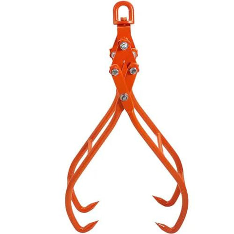 Front view of orange steel VEVOR timber claw log grapple with four claws and swivel ring