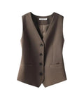 Women's Vintage Layering Vest In Cotton Stretch With Side Elastic Panels And Back Mesh Design For That Relaxed Old Money Vibe And Super Comfy All Season Fit In Warm Brown front view with buttons and pockets