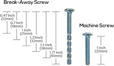 Break-away screw size chart showing measurements from 0.47 to 1.77 inches, plus a 1-inch machine screw for Six Pack Matte Black And Gold Half Moon Cabinet Pulls Three And Three Quarters Inch Hole Centers 96mm Drawer Handles For Cabinets Closets Dressers And Furniture Kitchen Hardware AL3902MB-GB.