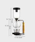 Straight Fire Borosilicate Glass Siphon Coffee Maker With Heavy Duty Stainless Base And Precision Alcohol Burner For Smooth Cold Brew And Iced Coffee Vibes Tabletop Ready, showing side view with dimensions.